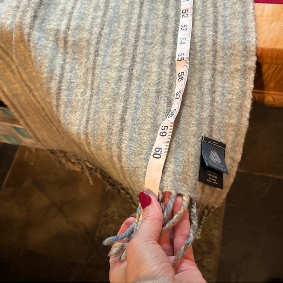 Christina Chiti WOOL shawl SCARF Tan Blue Cream STRIPED SHAWL fringe Wrap 17x65” - Picture 2 of 16